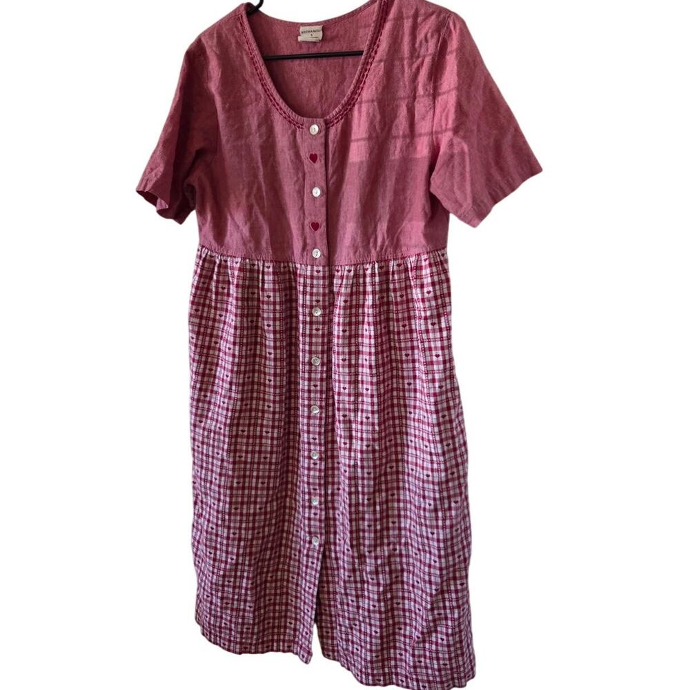 Vtg Bechamel Patio Dress Red Button Front Sm Embroidered Hearts Plaid Cottage